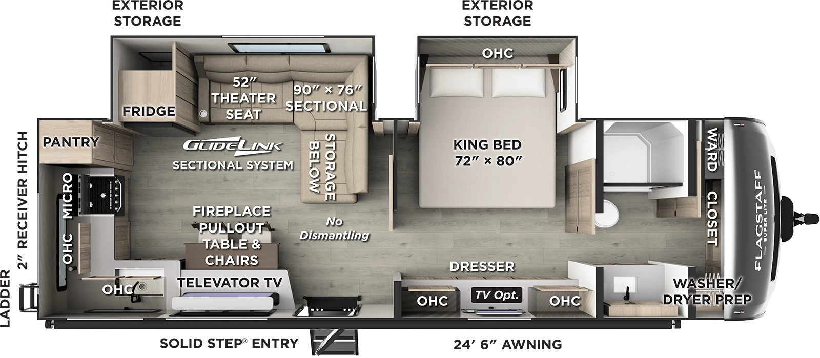 The Flagstaff Super Lite Travel Trailers 27RKS floorplan has one entry and two slide outs. Exterior features include: fiberglass exterior and 24'6" awning. Interiors features include: rear kitchen.